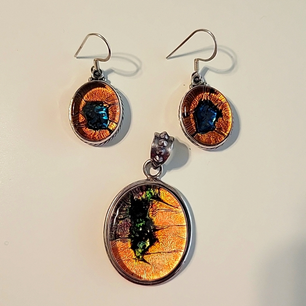NEW .925 Sterling Silver Dichroic Fused Art Glass Earrings and Pendant Set